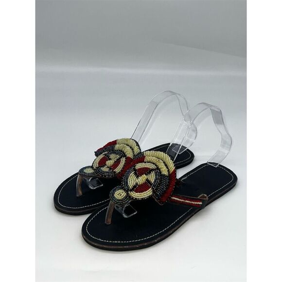 Handmade African Beaded, Leather Maasai Sandals Multicolor Size 9.5 approx. - Picture 1 of 11